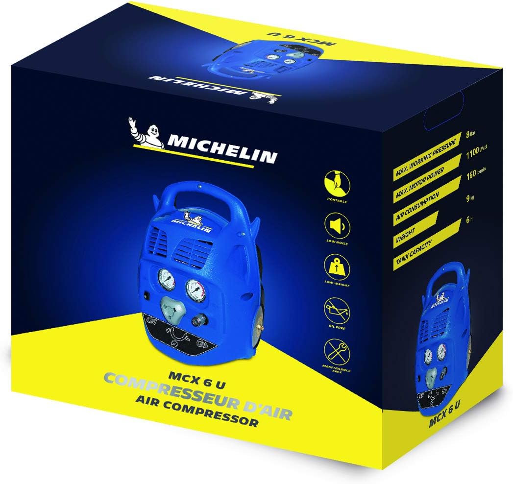Přenosný, kompaktní, tichý, bezolejový kompresor, 8 barů, 6 l, 1,1 kW, 160 l./ min., 230V, MICHELIN MCX 6U